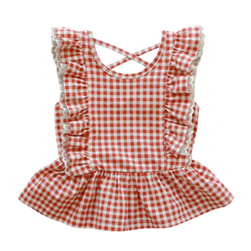 Picture of Girls Plaid Ruffle Vest 2024 Summer Sleeveless Babydoll Shirt 3-10 Years Old Kidsren Pure Cotton Edge Shirt