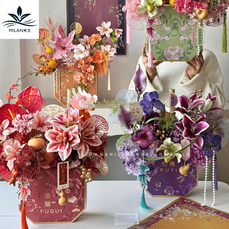 2025 Year of the Snake Flower Bucket Bronzing Printed Octagonal Box New Year Gift Box Chinese Style Holly Flower Bucket Flower Box