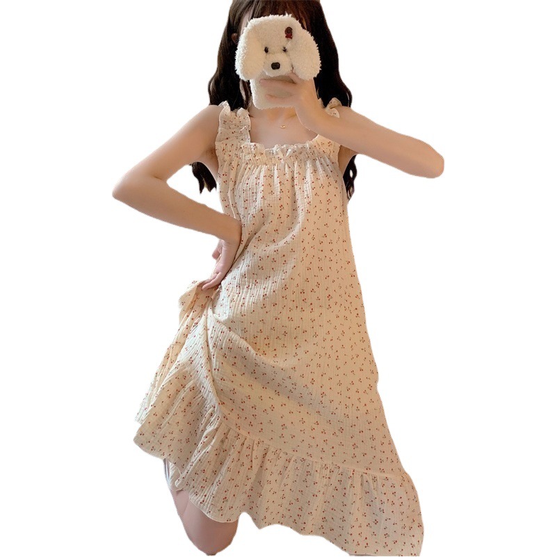 Sweet Cherry Sling Nightgown Women's Summer Cute Students Pastoral Style Mid-length Loose Over-knee Woven Bubble Cotton