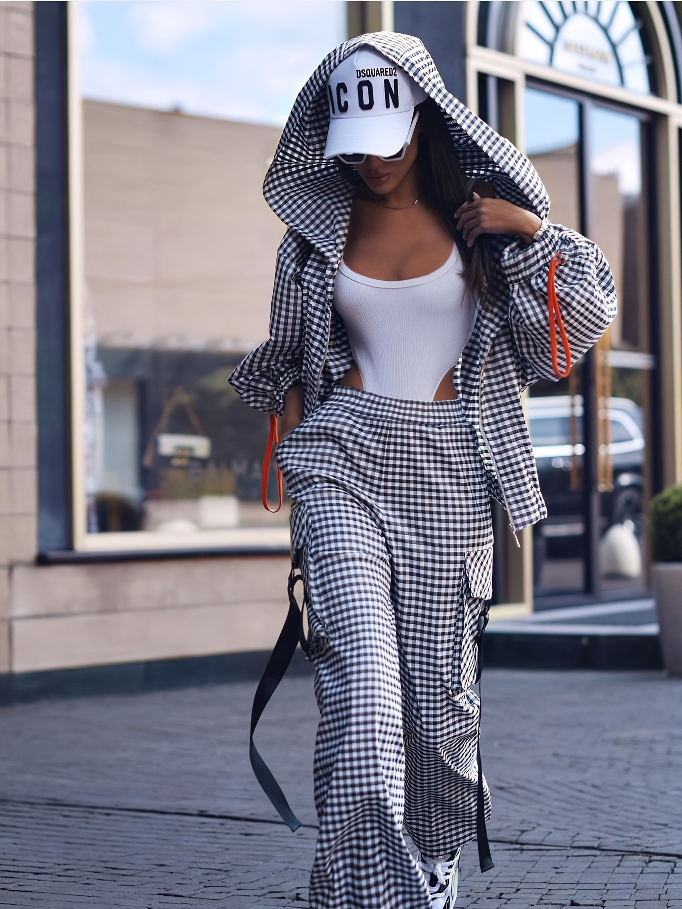European and American 2025 Cross-Border Amazon Spring and Autumn Fashion Casual Plaid Pocket Hooded Loose Elegant Women's Suit