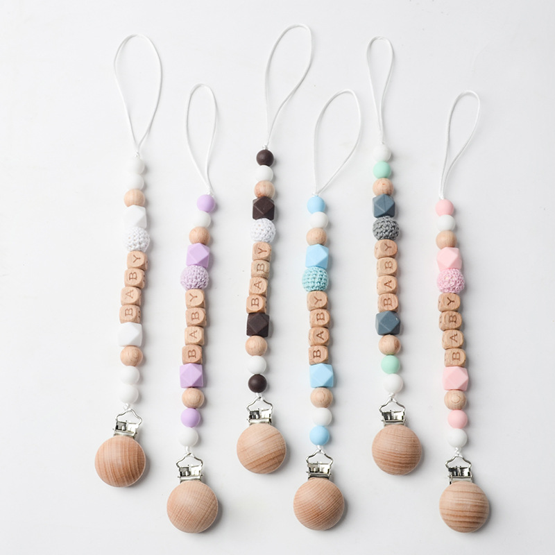 Picture of New Beech pacifier clip Beech letters BABY silicone octagonal beads wool crochet anti-drop chain