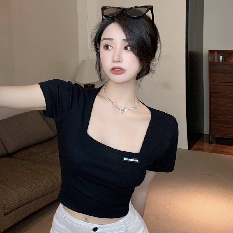 Picture of Square Collar Short-sleeved T-shirt Women's Summer New Short Spice Girl Top Slim-fit Styish White Half-sleeved Trendy