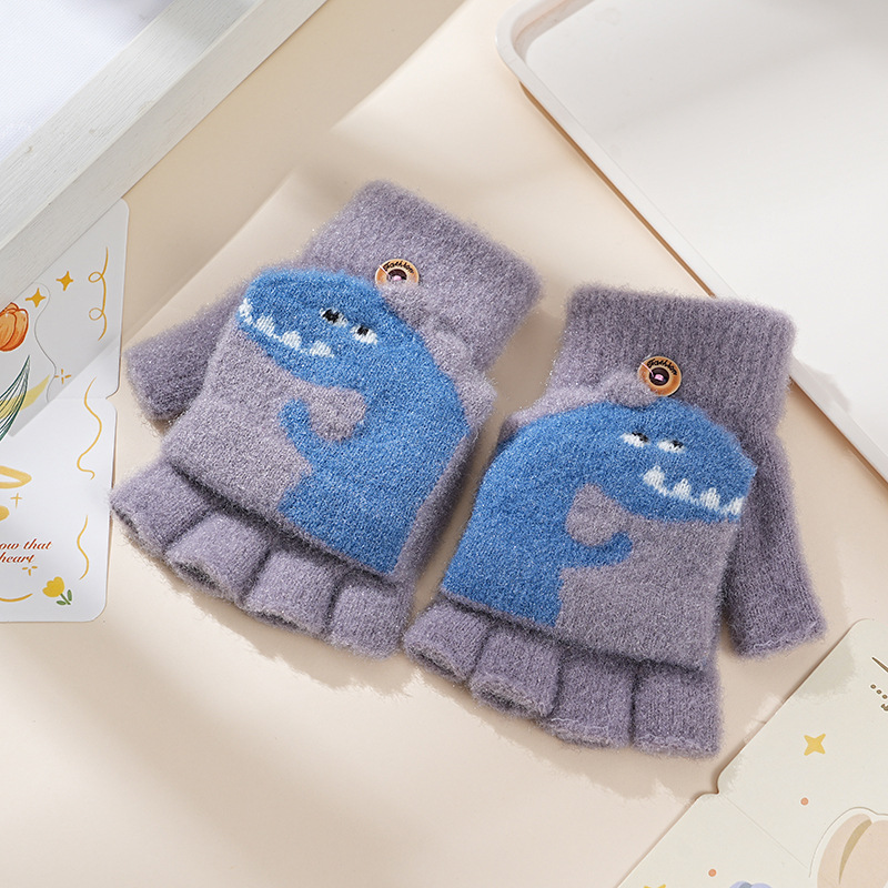 Picture of Children's flip gloves autumn and winter boys half finger warm cute Primary School students writing knitted dual-purpose gloves wholesale