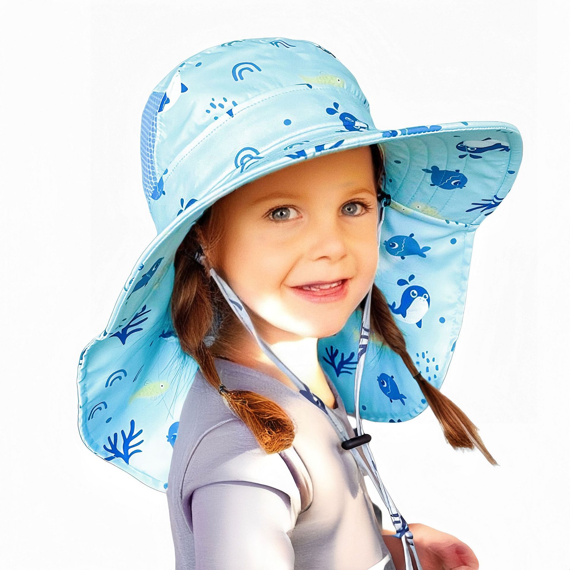 Children's Printed Neck-Protecting Shawl, Sun Protection Hat, Whistle Hat, Baby Outdoor Hiking, Fishing, Fisherman Hat, Sun Protection