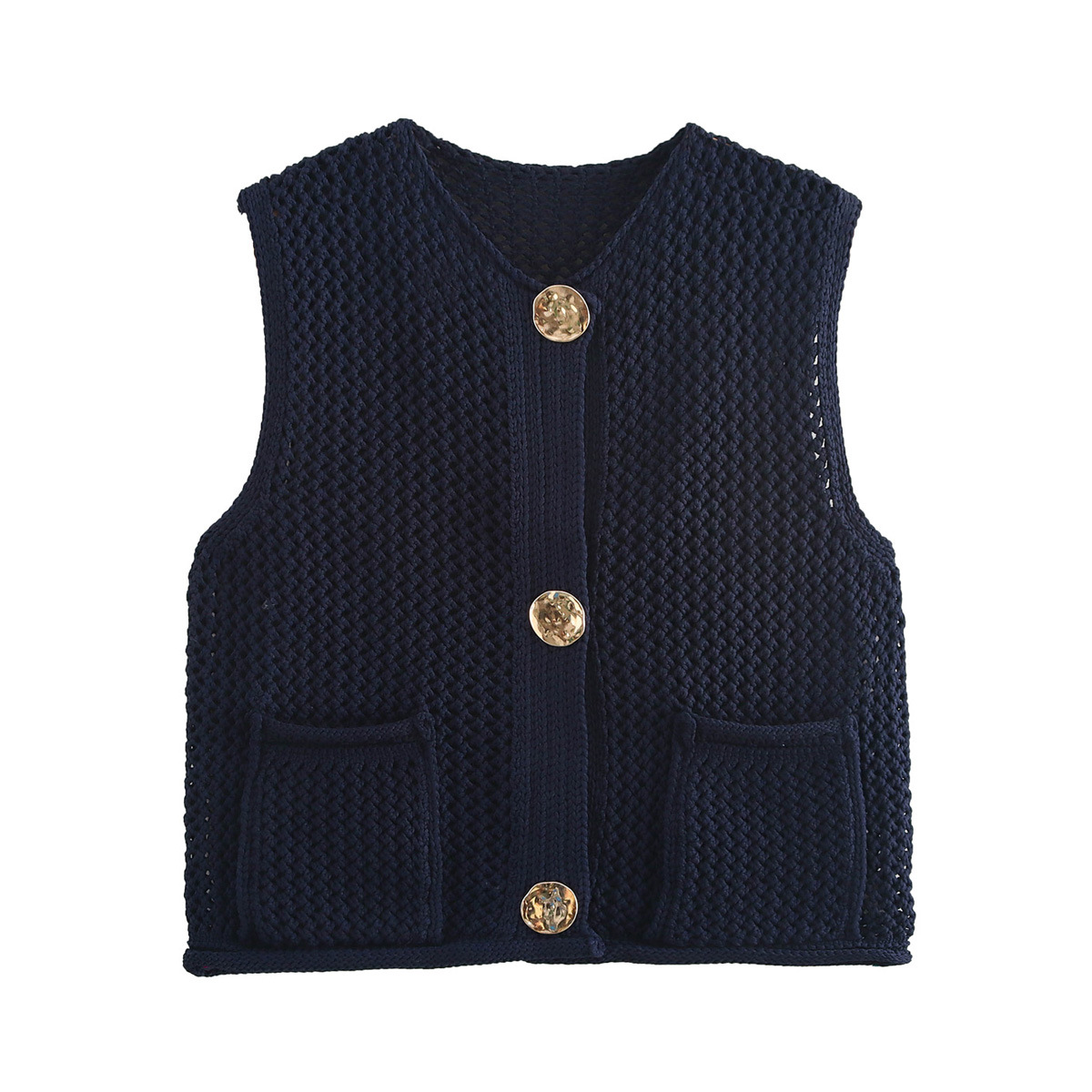 Picture of Women's Solid Color Fashion Hook Needle Hollow Single Breasted Vest 2024 Autumn and Winter New European and American Cross-border Wool Vest