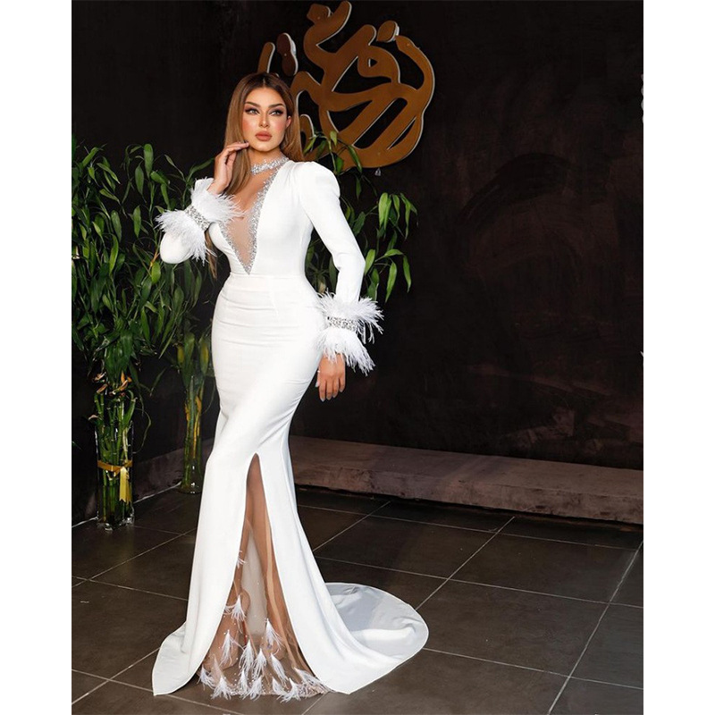 Pure White Fairy Dress European and American Original Women's Tail Dress Sexy Hot Rhinestone Deep V Split Feather Party Evening Dress