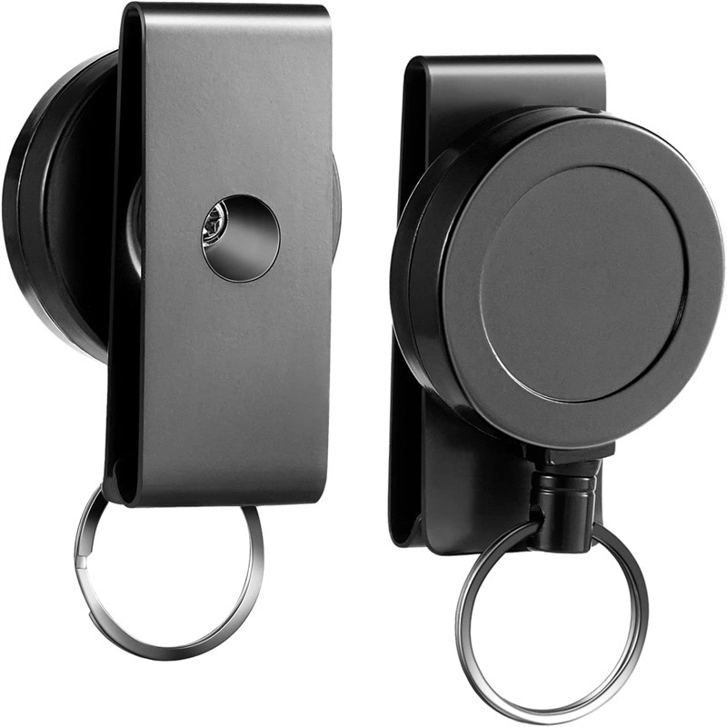 In stock metal shell telescopic easy pull buckle Black outdoor wire rope easy pull 360 degree rotating keychain