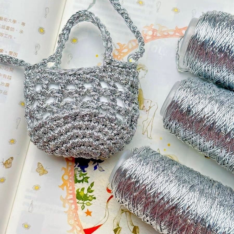 Shine silver bag features woven bags, popular silver core-spun yarn, DIY handmade crochet bags, fancy threads, silver threads
