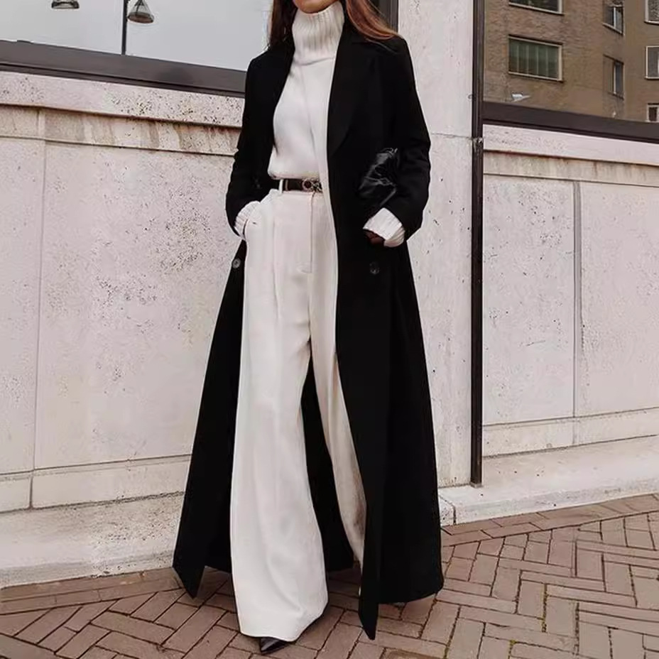 2025 Autumn and Winter European and American Cross-Border Women's Clothing Amazon Casual Long Pure Color Warm Woolen Jacket Coat
