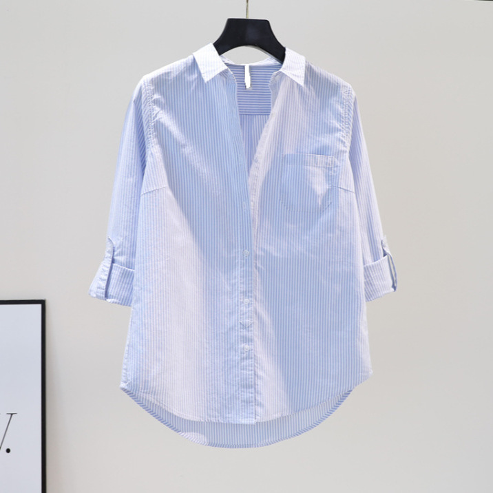 light blue vertical stripe cotton shirt women's 2024 spring and summer Korean fashion single pocket long sleeve shirt top