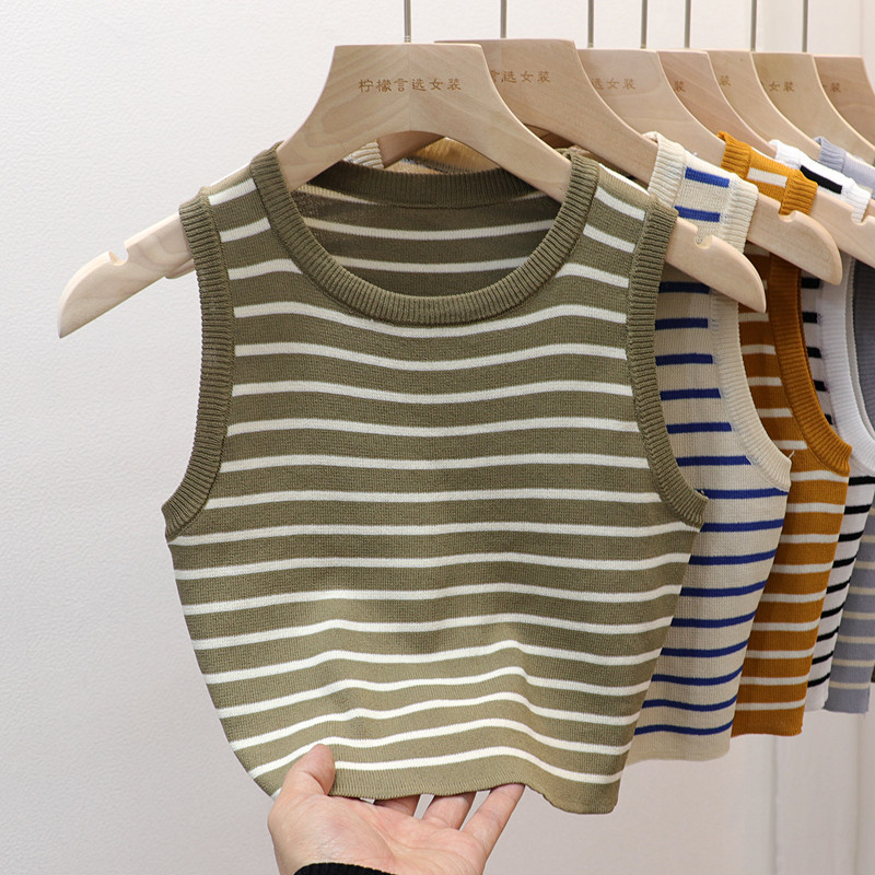 Women's Round Neck Striped Vest Short Slim-fit Sexy Summer Outer Wear Sleeveless Ice Silk Needle Base Knit Shirt Inner Top Women