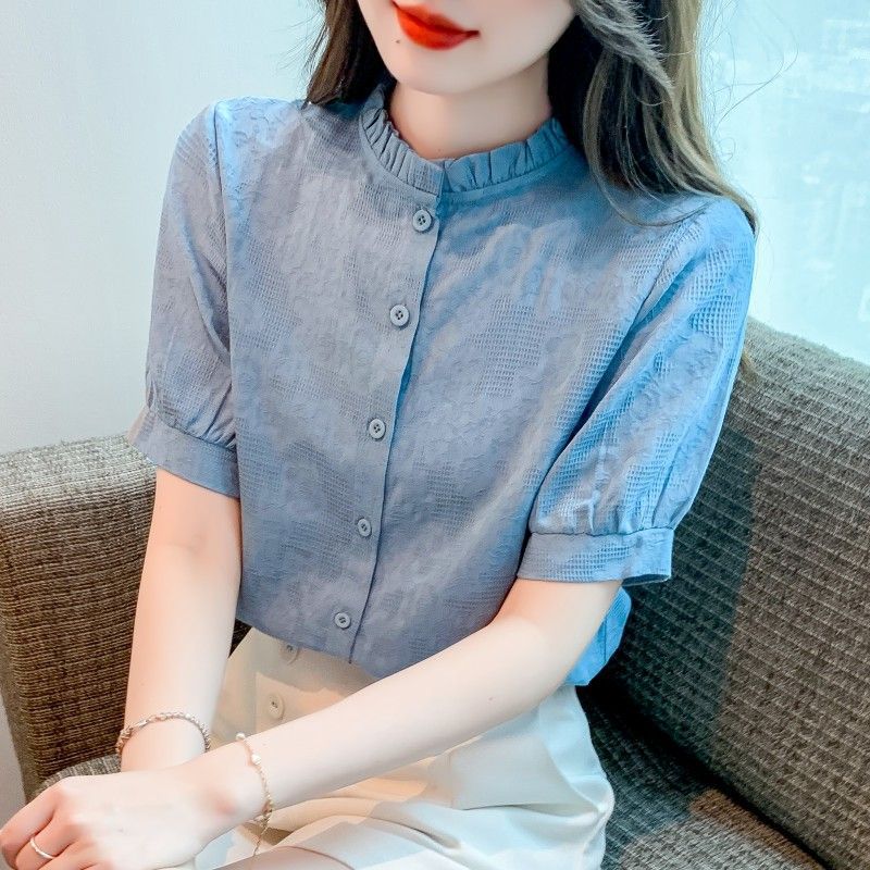 Summer 2025 New Fashion Age-Reducing Jacquard Cotton Shirt Women's Fashionable Cotton Stand-Up Collar Top Thin Shirt