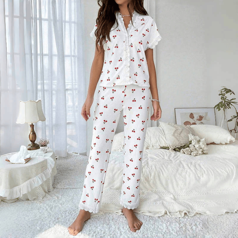 Picture of European and American Cross-Border Best-Selling Women's Home Clothes Cherry Print Water-Soluble Embroidered Edge Short-Sleeved Trousers Can Be Worn Outside Pajamas for Women