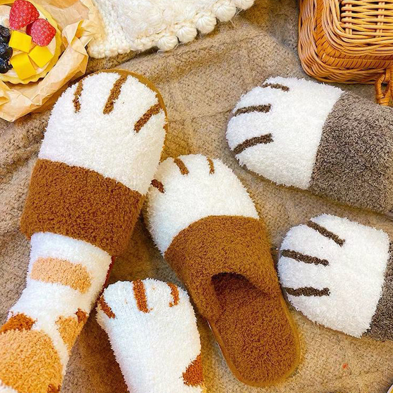 New Cotton Slippers for Women Home Cartoon Cute Cat Claw Plush Shoes for Couple Warm Indoor Soft Slippers for Men