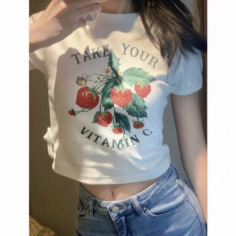 Cotton Short-Sleeved T-Shirt for Women 2025 New Style Small Strawberry Print Waist Exposed Street Sexy Ins Trendy Tight Short Top