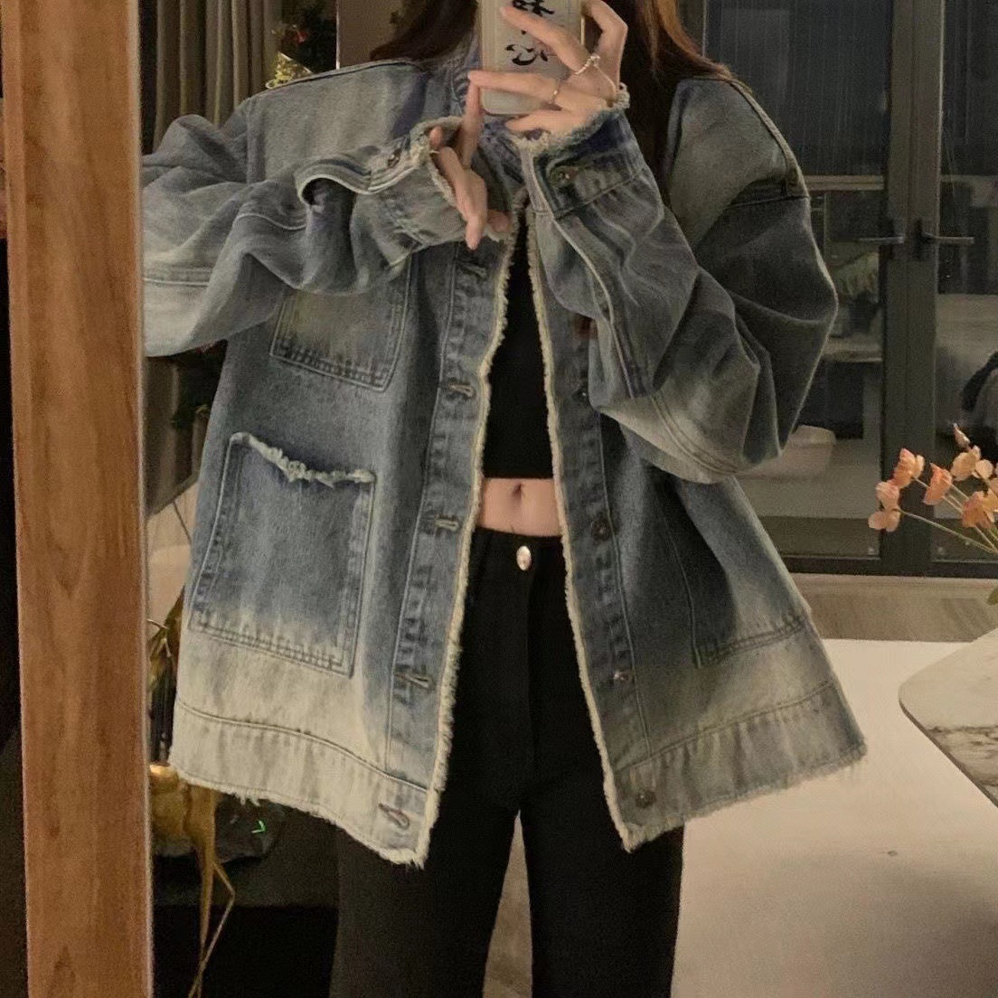 Picture of Japanese and Korean Style Super Hot Denim Short Coat Women's Short Spring New Long Sleeve Slim-fit Hooded Jacket Student Top