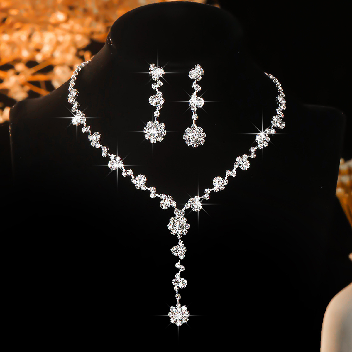 Factory direct supply bridal jewelry Korean super flash rhinestone necklace earrings full diamond necklace dress accessories wholesale