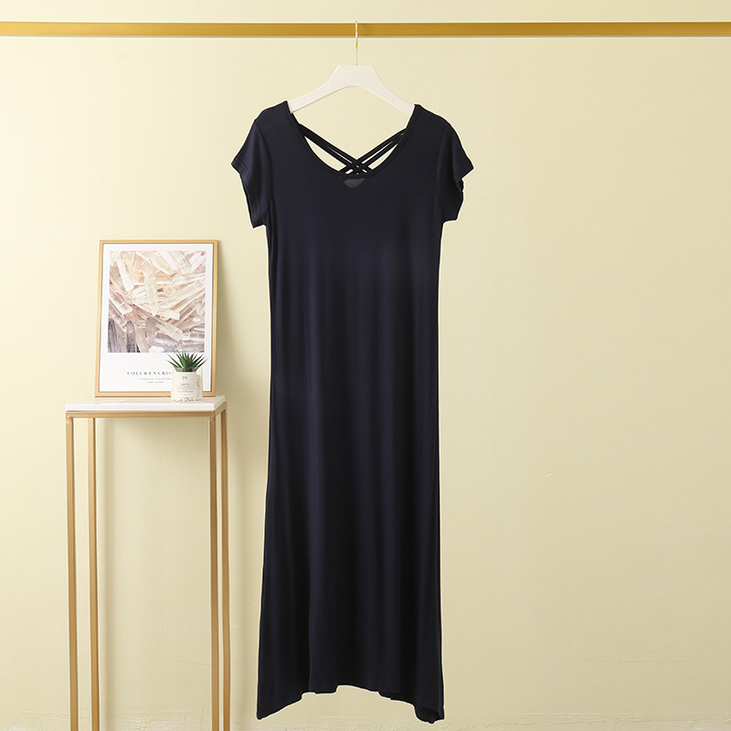 Picture of Modal Beautiful Back Cross Sexy Long Skirt Elegant Simple Short-Sleeved Dress Summer Thin Stripesd Skirt