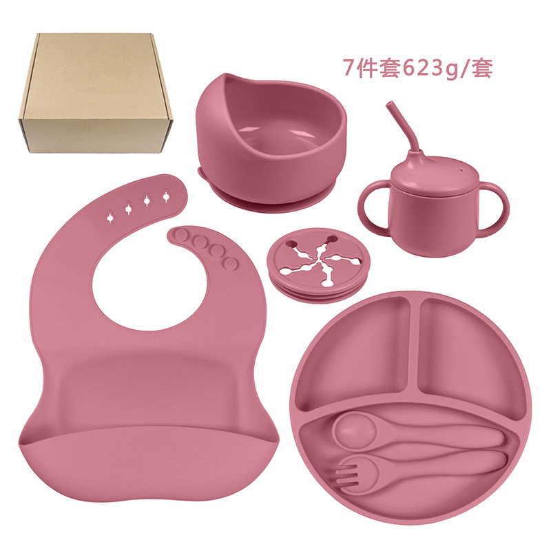 Picture of Cross-border Hot Selling Children's Supplementary Silicone Dinner Plate Bowl Fork Spoon Bib Five Pieces Tableware suit Drop Resistant Dinner Plate suit
