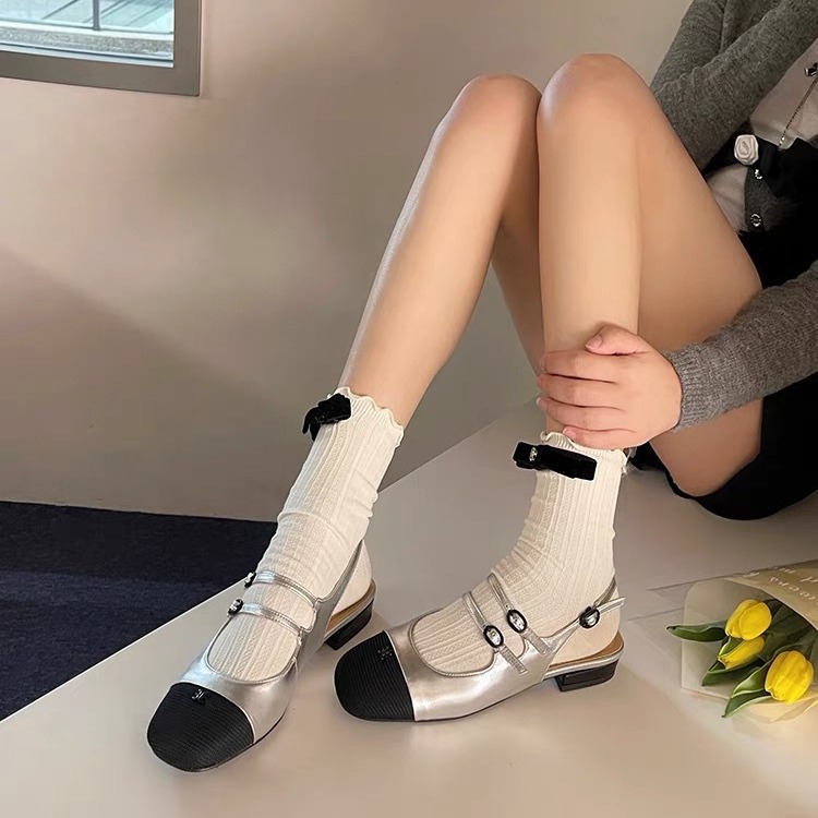 French Style silver Style Colorblock Square Toe Mary Jane Women's Shoes Flat Single-layer Shoes Women's Flat Buckle Strap Toe Sandals