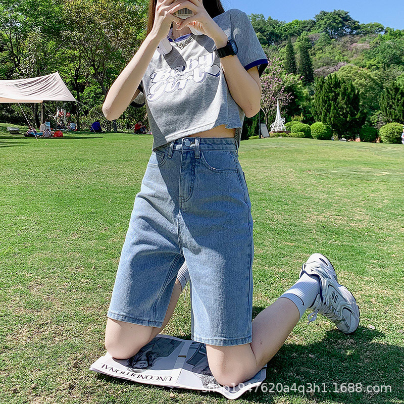 Picture of Black High Waist Denim Shorts Women's Five-point Pants Summer Thin 2023 New Arrival Loose Trendy ins Mid-length Pants