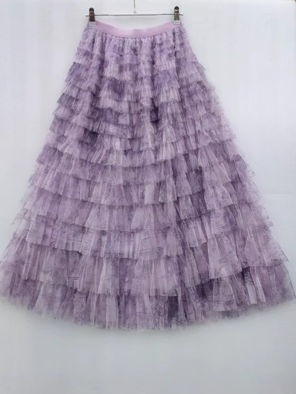 French Accessible Luxury Elegant Tie-Dye Mesh Skirt for Women Summer 2025 High-Waisted A-Line Pleated Layered Cake Skirt