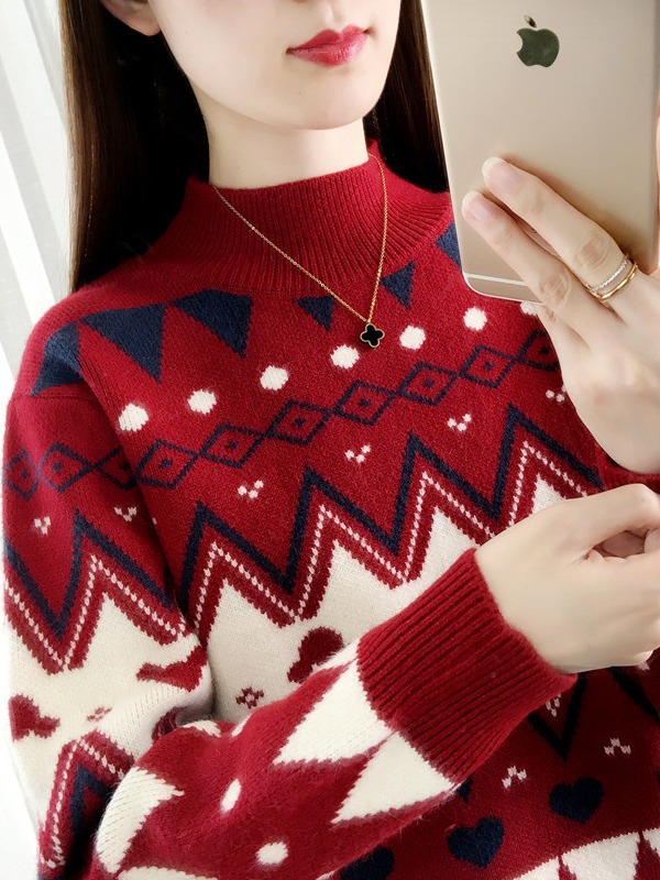 Picture of 2024 New Autumn and Winter Half Turtleneck Fleece-Lined Thickeneded Women's Sweater Fashionable Jacquard Contrast Color Knitted Bottoming Shirt
