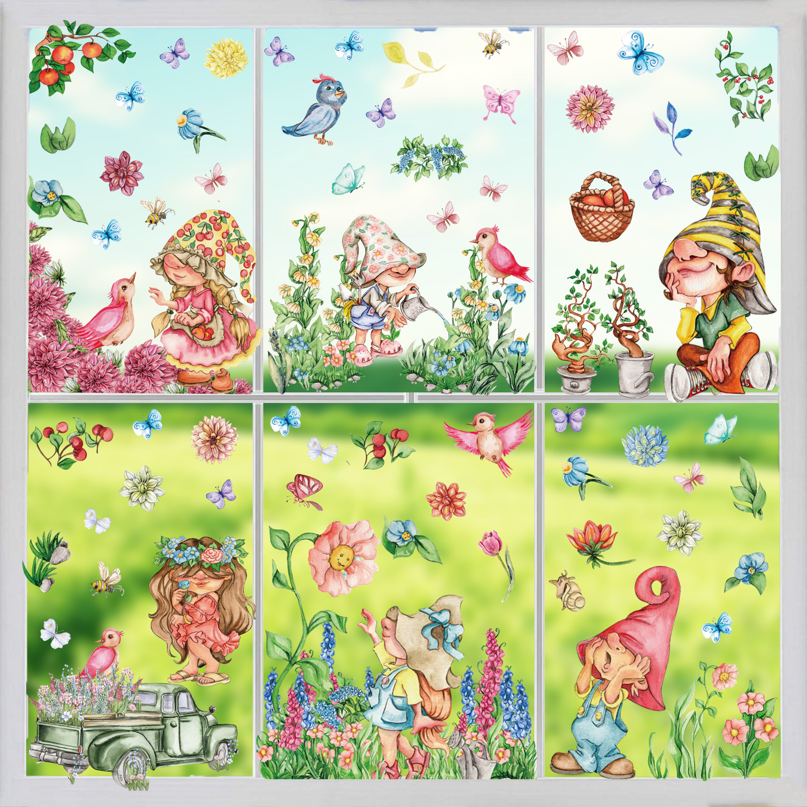 2025 New Amazon Spring Electrostatic Window Sticker Window Glass Door Gnome Dwarf Flower Butterfly Decoration Sticker