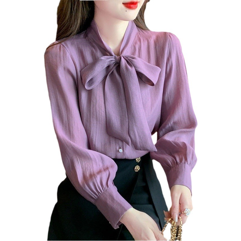 Autumn clothing 2024 new fashion chiffon professional shirt women's long-sleeved ribbon purple shirt temperament early autumn top