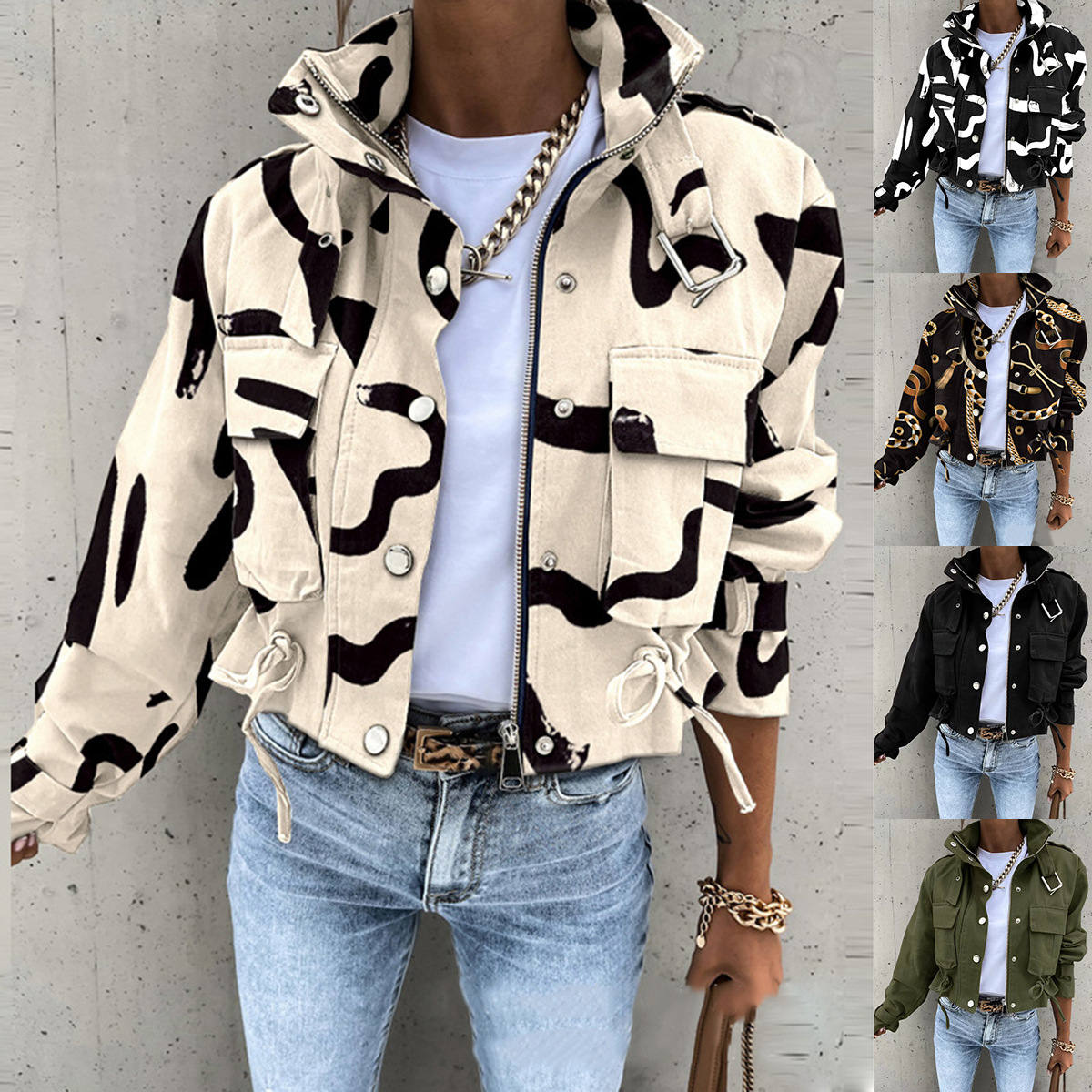 Cross-border Foreign Trade European and American Women's Clothing Amazon AliExpress 2024 Autumn Fashion Printed Zipper Short Casual Jacket