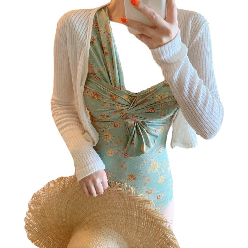 Japanese and Korean Style Instagram Style One-piece Swimsuit Women's New Sexy Small Floral Shoulder Conservative Belly Covering Beach Swimsuit for Women