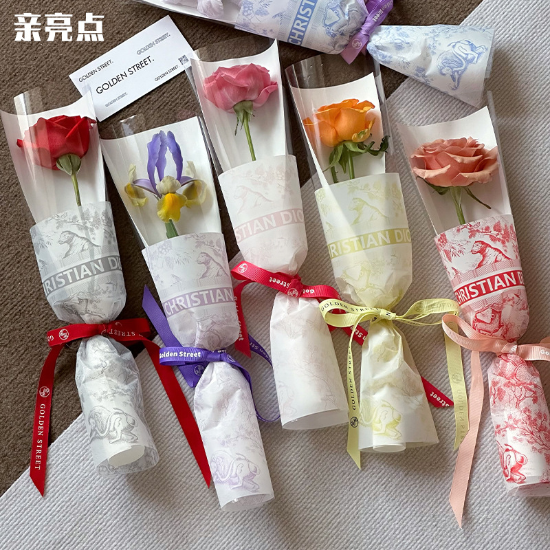 Fashion Flower Single Bag Rose Bouquet Bag Flower Bag Transparent Straight Bag Flower Packaging Material Floriculture Flower Shop