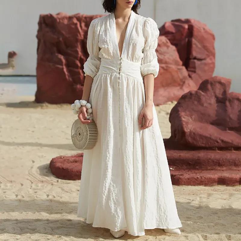 High Quality 2025 Fashion Women's New Style Bubble Three-Quarter Sleeve White Pleated Belt Button Dress Long Skirt