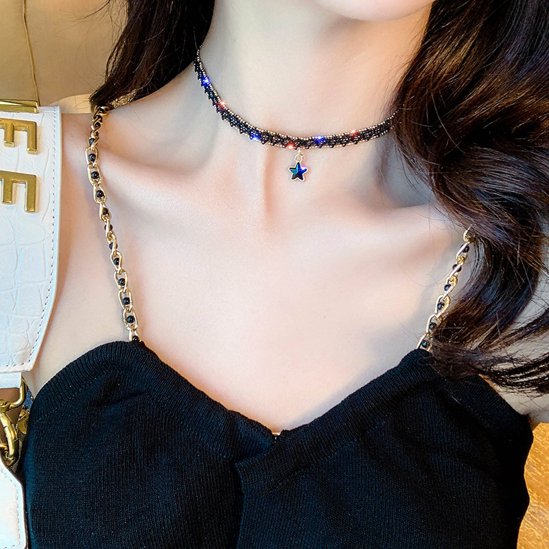 Picture of South Korea Black Sexy Collarbone Chain Simple Short Star Pendant Necklace Choker Collar Neck Band Neck Chain for Women
