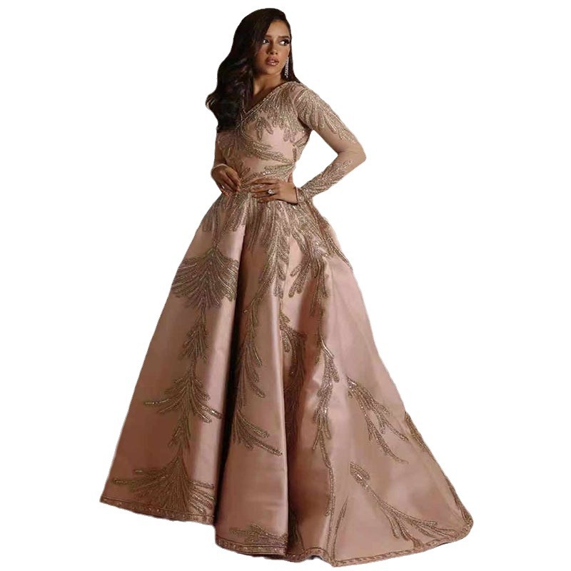 Picture of 2025 Spring New European and American Foreign Trade Women's Independent Station Bright Cloth Bronzing Large Sleeve Long Skirt Banquet Sexy Evening Dress