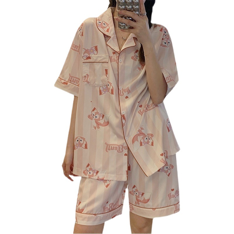 [Spot] Spring and summer cartoon imitation silk ice silk pajamas women's short sleeve shorts cardigan home clothes set