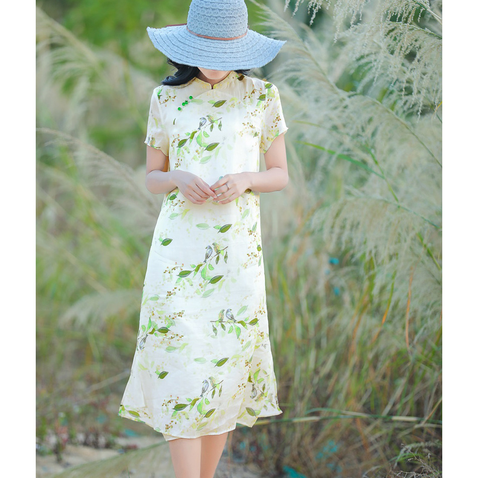 Summer 2021 New Ramie Printed Women's Clothing Travel Artistic Stand Collar Short-sleeved Long Dress Women's Loose Long Dress
