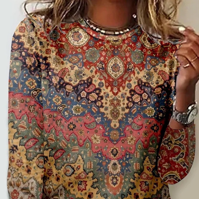 New hot selling women's European and American speed mai through Amazon color plant digital printing round neck long sleeve T-shirt 7031