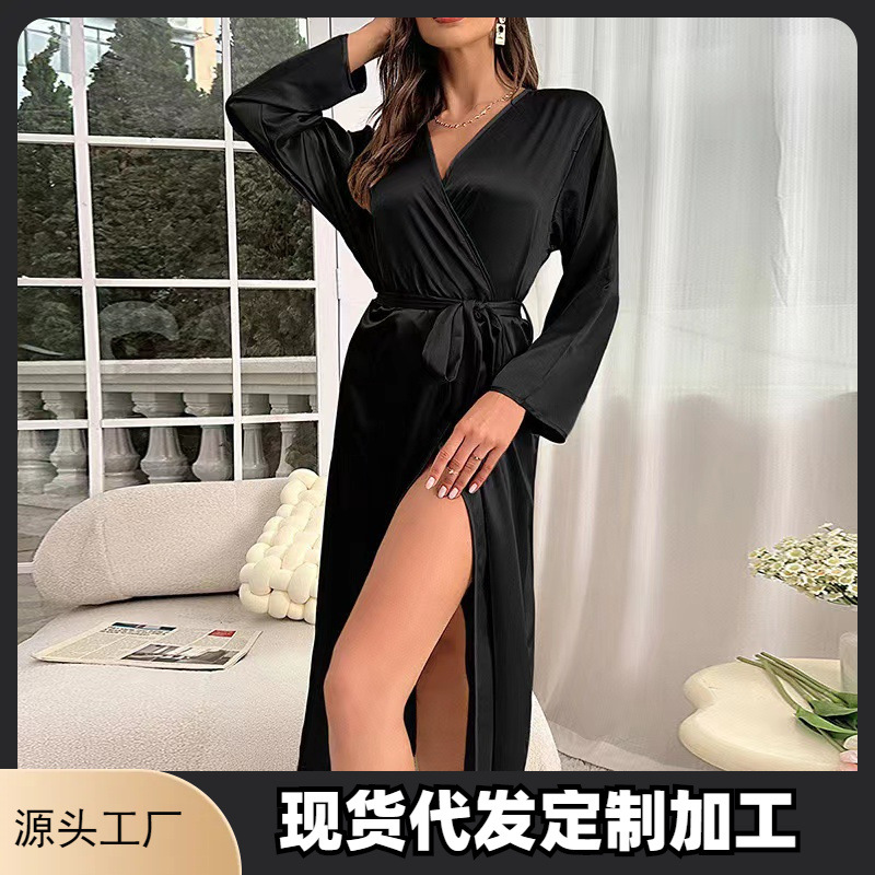 Amazon cross-border hot sale long women's bathrobe sexy V-neck lace-up nightgown Foreign Trade home wear