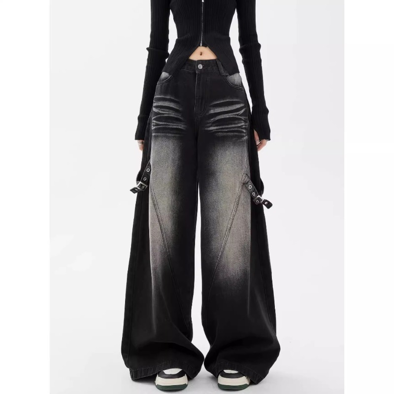 American Black Gradient Design Wide-Leg Jeans for Women Winter New Loose High-Waisted Pear-Shaped Figure Long Pants