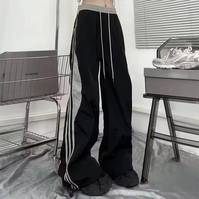 2024 American-style High-street Quick-drying Pants Women's Men's Stitching Three-bar Straight Loose Draping Sports Couple's Pants