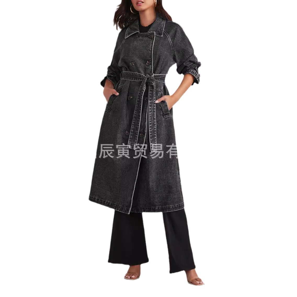 Picture of ins new European and American autumn and winter women's trench coat denim cotton solid color double pocket long buckle loose coat