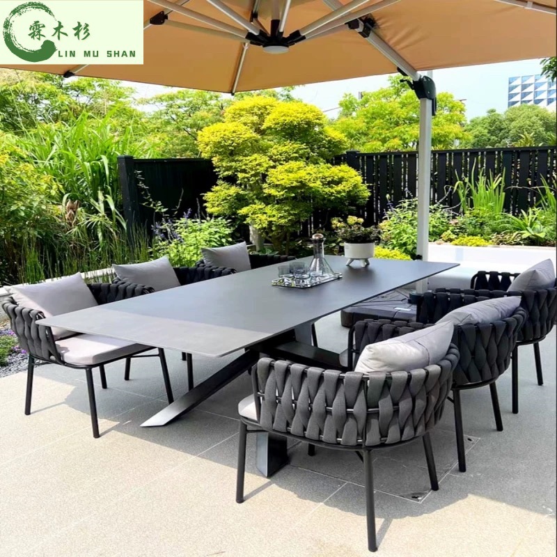 Outdoor Table and Chair Courtyard Leisure Rattan Chair Rock Board Dining Table Garden Outdoor Balcony Waterproof Sun-proof Rattan Table and Chair Combination