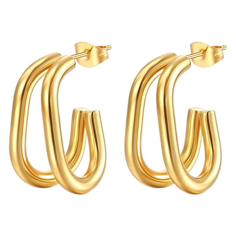 Cross-border same style earrings Oval two-line earrings senior temperament Joker earrings between gold two-color stainless steel material