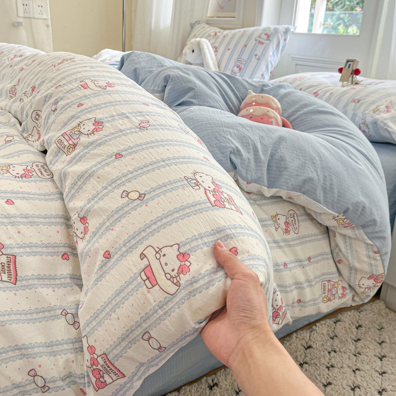Class a Small Fresh Washed Cotton Double-Layer Yarn Four-Piece Set Girly Heart Pure Cotton Student Dormitory Three-Piece Set Bed Sheet Quilt Cover 4