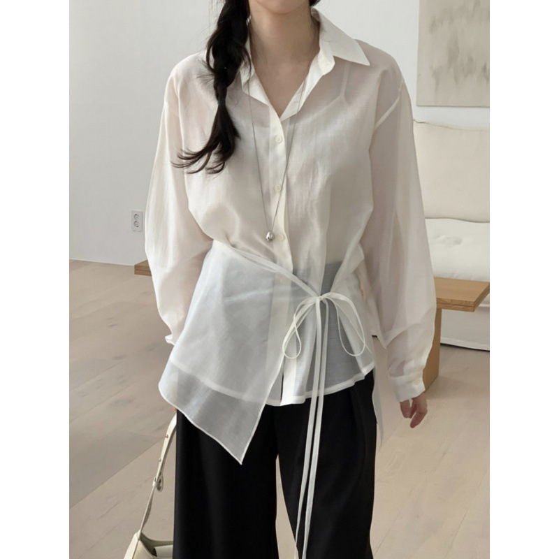 Picture of South Korea chic pre-autumn new French design sense irregular button-down lapel long sleeve shirt drapery two-piece women's set