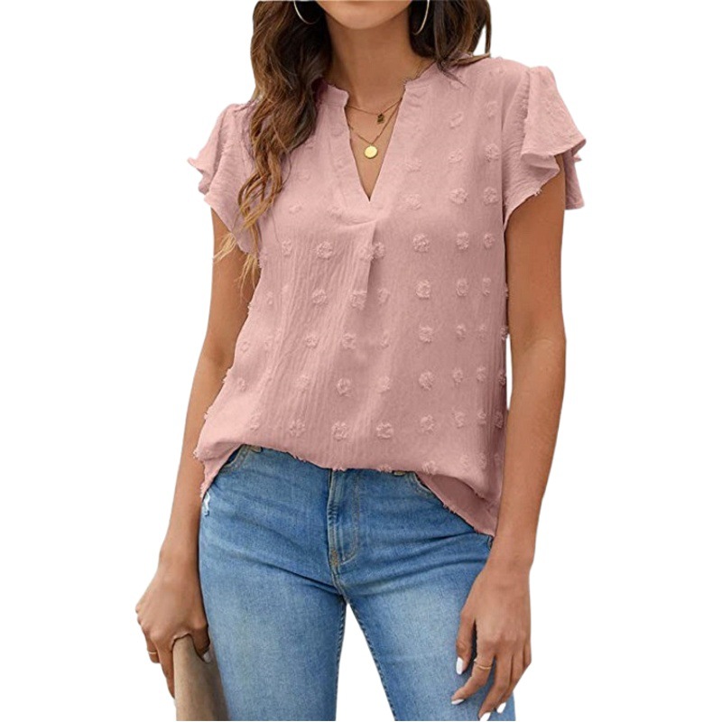 Cross-border European and American Women's 2023 Amazon Summer New V-neck Pleated Lotus Leaf Sleeve Blouse Chiffon Shirt