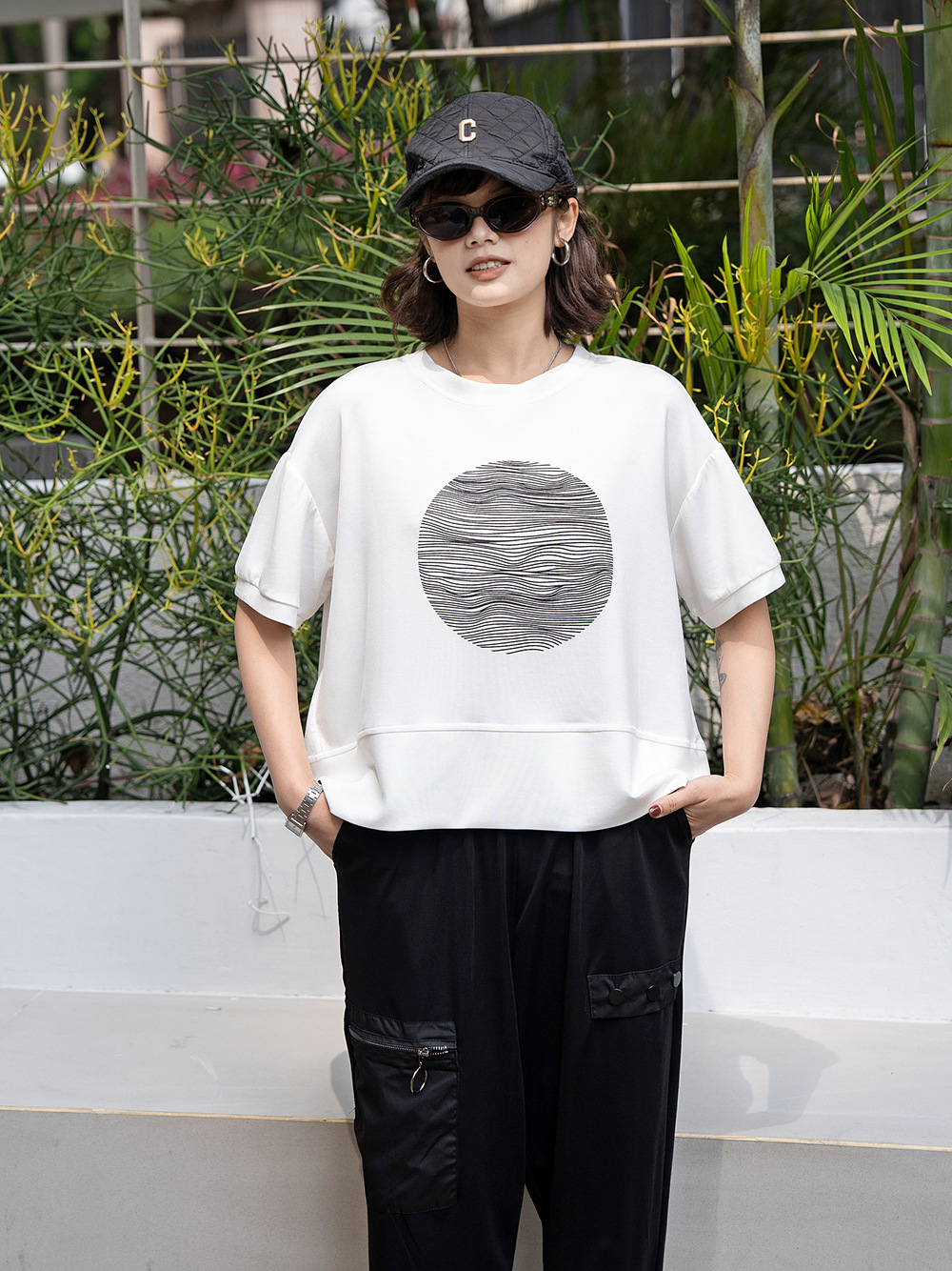 240358 round neck short sleeve T-shirt loose large personalized printed fashionable unique zipper all-match top trendy summer New