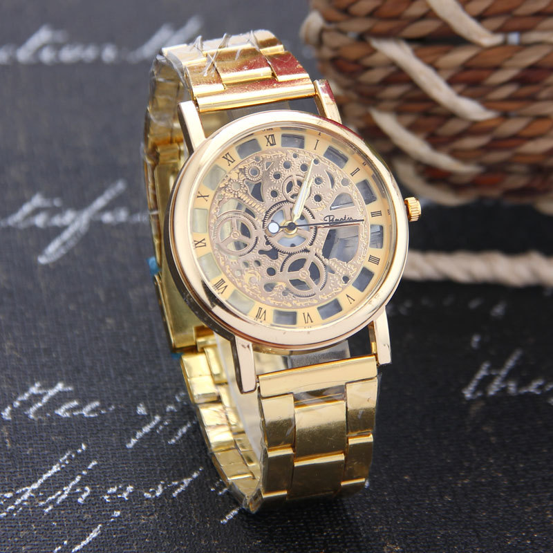 Foreign trade AliExpress men's watch hot-selling watch hollow gold fashion watch imitation mechanical men's steel belt quartz watch