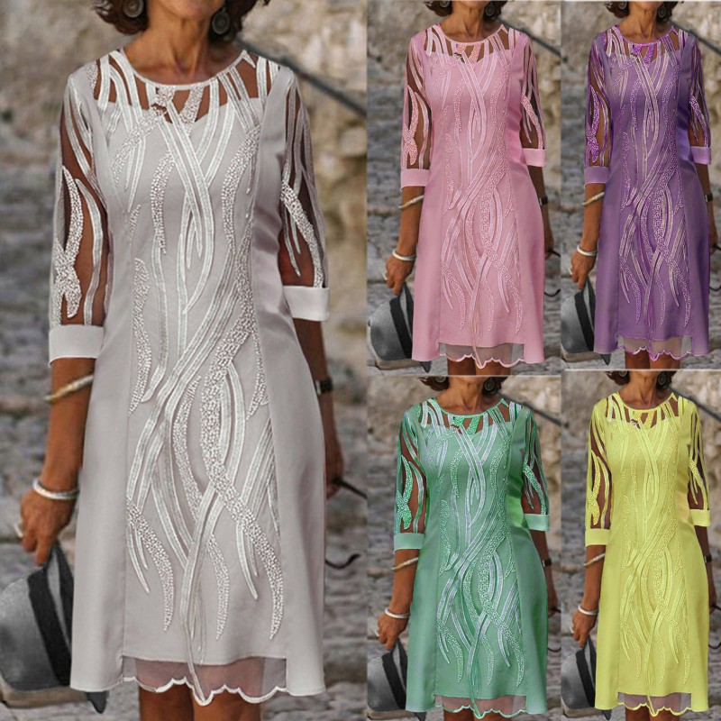 Amazon 2022 Summer New Women's Fashion Round Neck Lace Stitching Half Sleeve European and American Sunscreen Dress